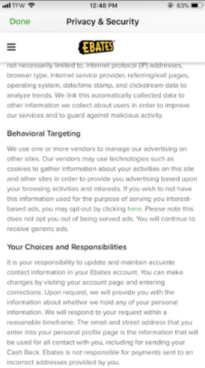 Ebates: Mobile app Privacy Policy behavioral targeting clause