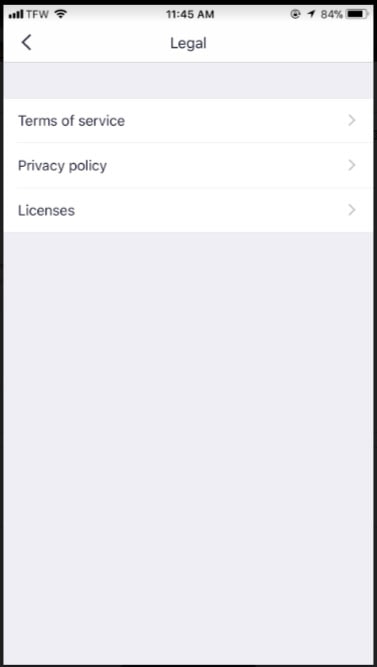 Example of a mobile app's Legal menu with agreement links