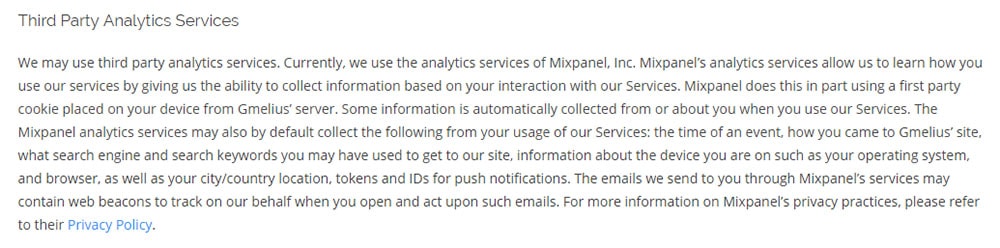 Gmelius Privacy Policy: Third Party Analytics Services clause