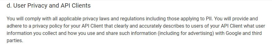 Google APIs Terms of Service requires a Privacy Policy