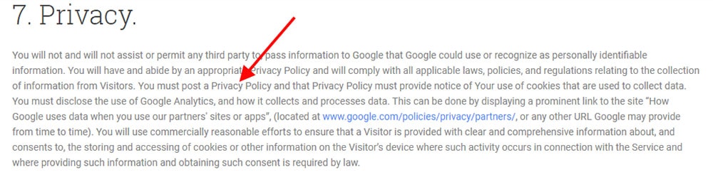 Google Mobile App Analytics Terms of Service requires a Privacy Policy