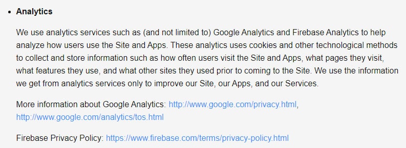 LiveChart Privacy Policy: Firebase Analytics is used