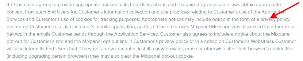 Mixpanel's Terms of Use requires a Privacy Policy