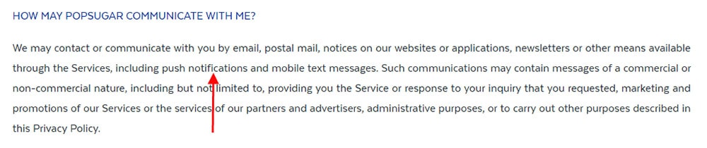 PopSugar: Privacy Policy section with push notifications