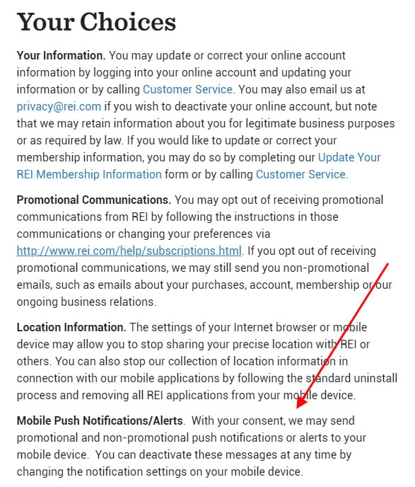 REI's Privacy Policy: Mobile push notifications clause