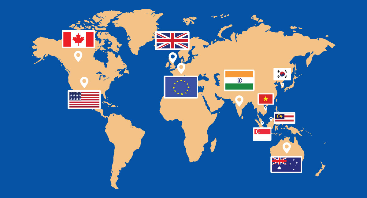 World map with flags showing areas with privacy laws