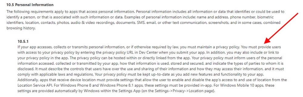 Windows Phone Store Policies: Privacy Policy required